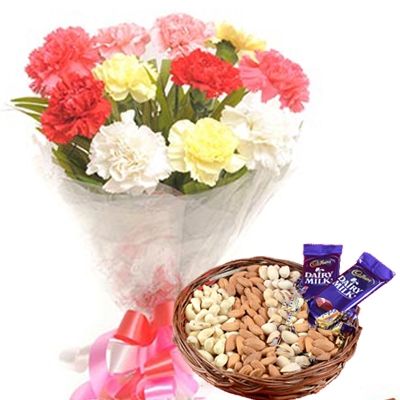 12 Mix Color Carnations with Half KG Mix Dry Fruit & 2 Dairy Milk Chocolates